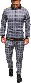 Men's 2 Pieces Tracksuits Jacket and Pants Casual Full Zip Running Jogging Athletic Plaid Sports Sweatsuits - M - Light grey