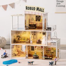 ROBOTIME Wood Dollhouse Shopping Mall Doll House With Lights Music For Xmas Gift (Option: WDH08)